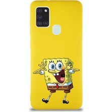 Printify Samsung Galaxy A21S Soft Premier Kapak Sünger Bob Tasarımlı Silikon Kılıf - Sarı