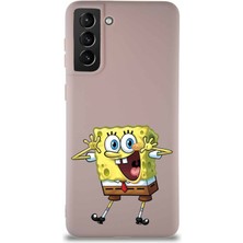 Printify Samsung Galaxy S21 Plus Soft Premier Kapak Sünger Bob Tasarımlı Silikon Kılıf - Pudra