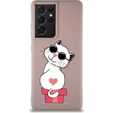 Printify Samsung Galaxy S21 Ultra Soft Premier Kapak Coolcat Tasarımlı Silikon Kılıf - Pudra