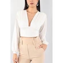 Hira Fashion Kadın Beyaz Sandy Kumaş V Yaka Balon Kollu Bluz