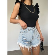 Hira Fashion Kadın Siyah Okyanus Kumaş Zincir Detay Kolu Valonlu Crop