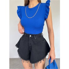 Hira Fashion Kadın Mavi Okyanus Kumaş Zincir Detay Kolu Valonlu Crop