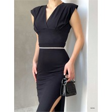 Hira Fashion Kadın Siyah V Yaka Vatkalı Crep Kumaş Crop