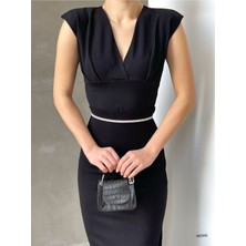 Hira Fashion Kadın Siyah V Yaka Vatkalı Crep Kumaş Crop