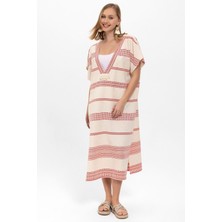 Deriderim Beyaz Kırmızı Şile Bezi Püskül Detaylı Kısa Kollu V Yaka Yazlık Astarsız Plaj Pamuklu Elbise