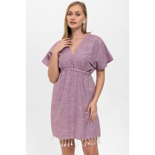 Deriderim Mor Şile Bezi Kısa Kollu V Yaka Yazlık Astarsız Plaj Pamuklu Elbise