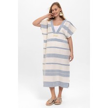 Deriderim Beyaz Mavi Şile Bezi Püskül Detaylı Kısa Kollu V Yaka Yazlık Astarsız Plaj Pamuklu Elbise