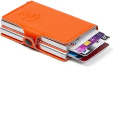 Tuldar Turuncu Deri Otomatik Kart Çekim Önleyici Alüminyum Çift Mekanizmalı Kartlık Ve Cüzdan tul170
