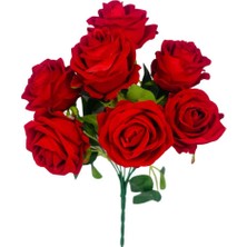 Nettenevime Yapay Çiçek Kadife Kırmızı Gül Demeti 7 Dallı 35*25CM 7cm Gül Büyükboy Kırmızı