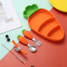 Scentu 【happier】 Çocuk Silikon Akşam Yemeği Pate Havuç Kase 304 Paslanmaz Çelik Çatal Kaşık Sofra Seti Bebek Maması Ek Yemek Tabağı (Yurt Dışından)