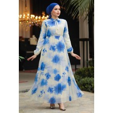 Neva Style Desenli Mavi Tesettür Elbise 50356M