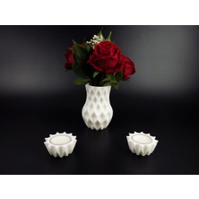 K3DMAKERS Beyaz Dekoratif Vazo ve Tealight Mumluk 3'lü Dekorasyon Seti