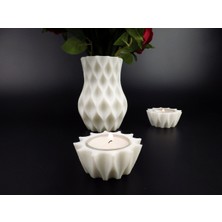 K3DMAKERS Beyaz Dekoratif Vazo ve Tealight Mumluk 3'lü Dekorasyon Seti