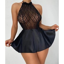 my cherie Arkası Bağlamalı Dantelli Saten Gecelik + String Takım Seksi Gecelik
