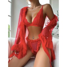 my cherie Puantiye Fırfırlı Tüllü Dantel Kimono Külot Sütyen Takım Seksi Gecelik 
