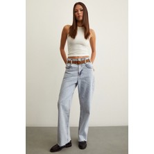 Never More  Beli Dikişsiz Kemerli Pantolon Mavi