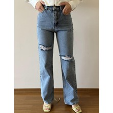 Foni Fashion Detaylı Yırtık Uzun Paça  Jean