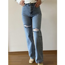 Foni Fashion Detaylı Yırtık Uzun Paça  Jean