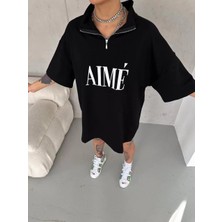 Tarz Yeri Yarım Fermuarlı Baskılı T-Shirt Siyah