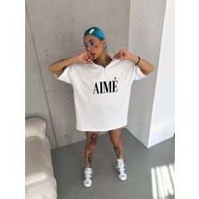 Tarz Yeri Yarım Fermuarlı Baskılı T-Shirt Beyaz