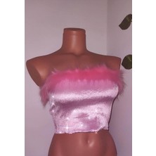 Pinkys Pembe Kadife Tüylü Crop Straplez Bluz