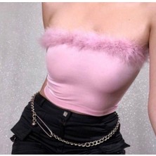 Pinkys Pembe Kadife Tüylü Crop Straplez Bluz