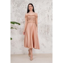 Livanomi Düşük Kol Gold Midi Boy Abiye Elbise