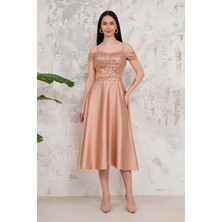 Livanomi Düşük Kol Gold Midi Boy Abiye Elbise