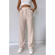 ogonline Beli Cırt Cırtlı Kapama Palazzo Pantolon Likralı Yüksek Bel Bol Paça Kadın Pantolon Krem