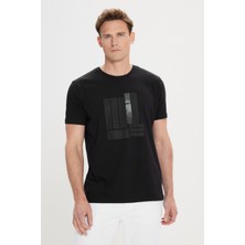 ALTINYILDIZ CLASSICS Erkek Siyah Slim Fit Dar Kesim Bisiklet Yaka Pamuklu Baskılı Tişört