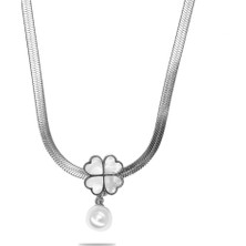 Tesbihname Snake Zincirli Sedef Taşlı Yonca Yaprağı Detaylı Inci Doğaltaş Kombinli Kadın Kolye