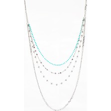 Tesbihname Gümüş Renk Kararmaz Metal Zincirli Firuze-Inci Doğaltaş Kombinasyonlu 3lü Kadın Kolye