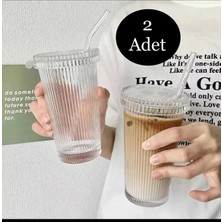 Tekno Trust 2 Parça 2 Adet 400 ml Isıya Dayanıklı Origami Desen Kapaklı ve Pipetli Bardak Milkshake ve Meşrubat