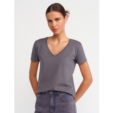 Dilvin 3470 V Yaka Basic T-Shirt-Füme