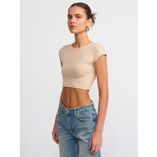Dilvin 30528 Pamuk ve Modal  Karışımlı Crop Top-Açık Bej