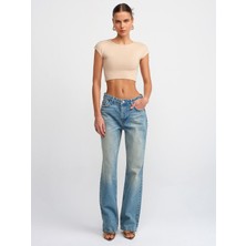 Dilvin 30528 Pamuk ve Modal  Karışımlı Crop Top-Açık Bej
