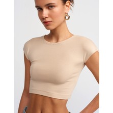 Dilvin 30528 Pamuk ve Modal  Karışımlı Crop Top-Açık Bej