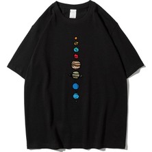 Black Sokak Unisex Siyah 9 Gezegen Baskılı Oversize Bisiklet Yaka Tshirt