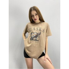 Black Sokak Blacksokak Kadın Açık Kahve Alaska Baskılı Oversize Bisiklet Yaka Tshirt