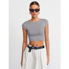 Dilvin 30528 Pamuk ve Modal  Karışımlı Crop Top-Gri