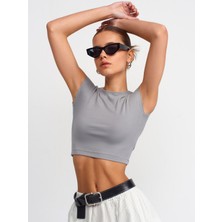 Dilvin 30528 Pamuk ve Modal  Karışımlı Crop Top-Gri