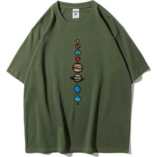 Black Sokak Unisex Haki 9 Gezegen Baskılı Oversize Bisiklet Yaka Tshirt