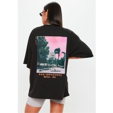 Black Sokak Kadın Siyah Bad Influence Sırt Baskılı Oversize Tshirt