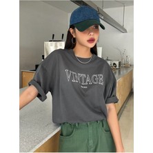 Black Sokak Blacksokak Kadın Antrasit Vintage Baskılı Oversize Bisiklet Yaka Tshirt