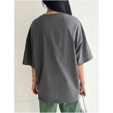 Black Sokak Blacksokak Kadın Antrasit Vintage Baskılı Oversize Bisiklet Yaka Tshirt