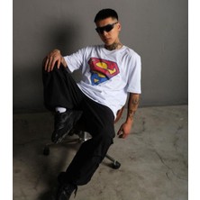 Black Sokak Erkek Beyaz Süperman Oversize Bisiklet Yaka Tshirt