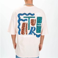 Black Sokak Blacksokak Erkek Bej Future Baskılı Oversize Bisiklet Yaka Tshirt