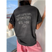 Black Sokak Blacksokak Kadın Antrasit Love Love Love Baskılı Oversize Bisiklet Yaka Tshirt