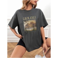 Black Sokak Blacksokak Kadın Antrasit Tasmanıa Baskılı Oversize Bisiklet Yaka Tshirt