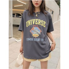 Black Sokak Blacksokak Kadın Antrasit Unıverse Baskılı Oversize Bisiklet Yaka Tshirt